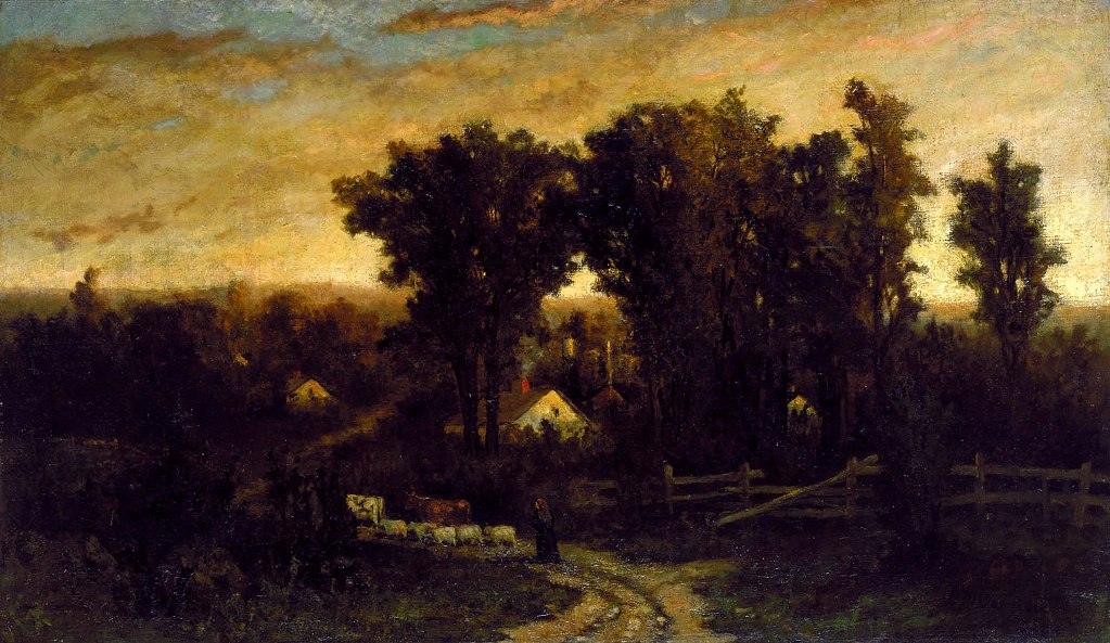 Edward Mitchell Bannister woman with cattle and sheep at dusk